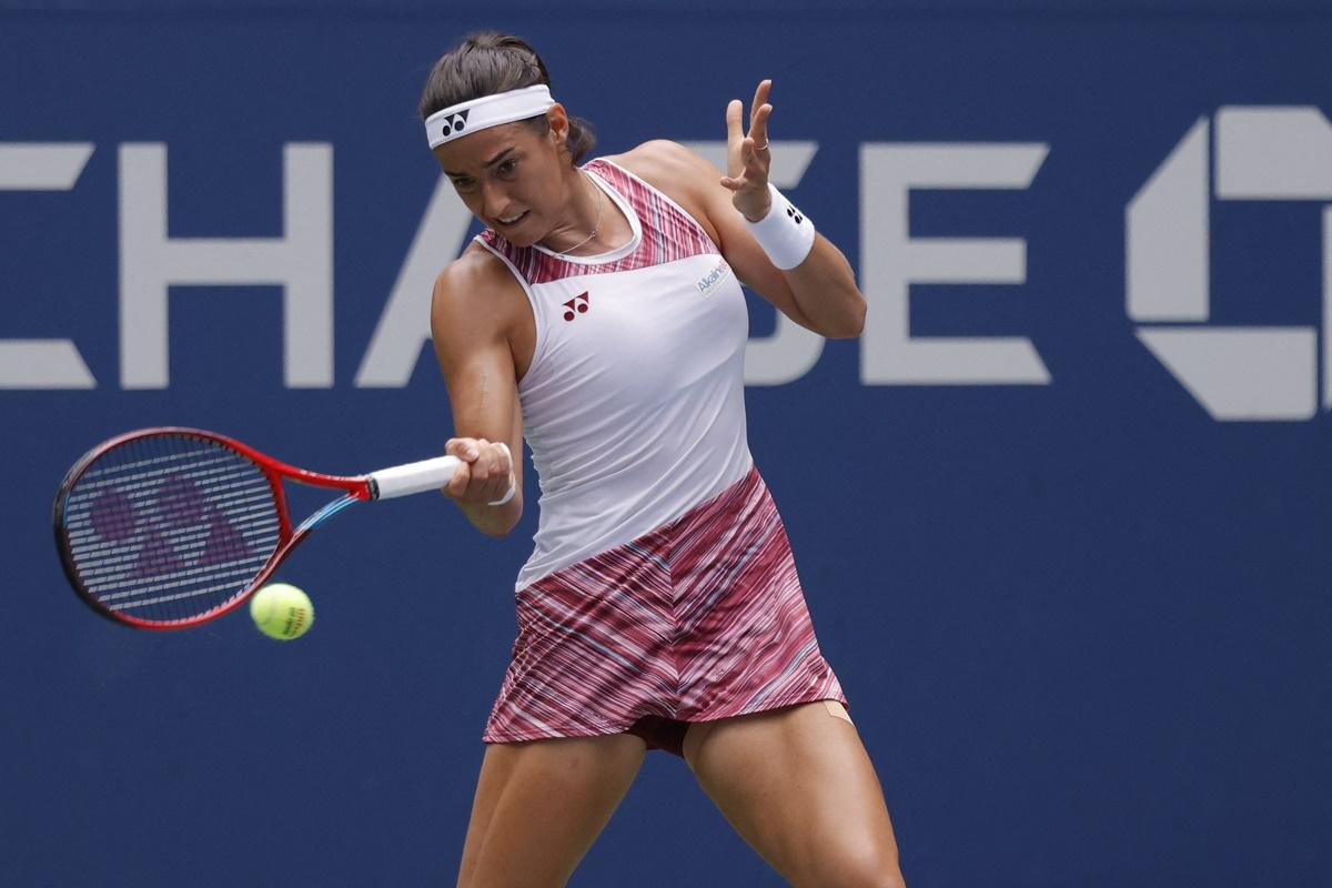 France's Caroline Garcia hits a forehand against Alison Riske-Amritraj of the United States.