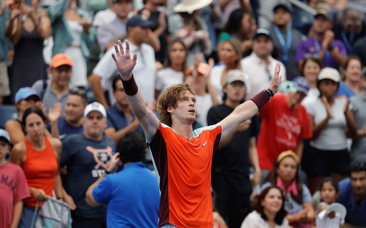 Andrey Rublev celebrates after his match against Britain's Cameron Norrie on day eight of the 2022 US Open tennis tournament at USTA Billie Jean King Tennis Center in Flushing Meadows in New York