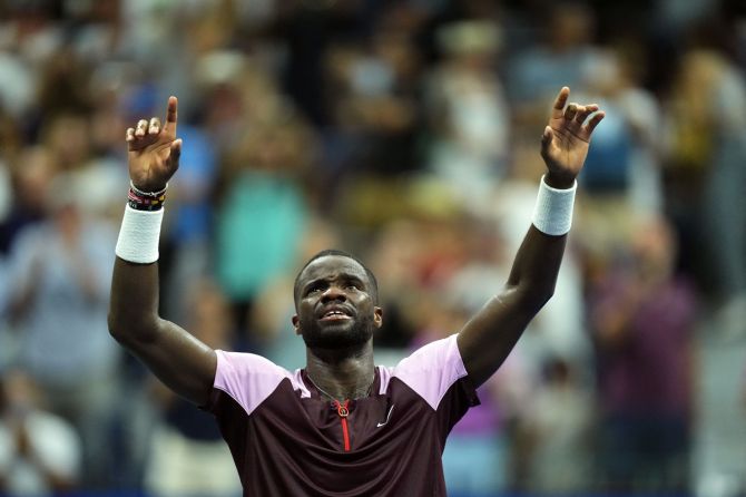 Frances Tiafoe of the United States reacts after defeating Spain's Rafael Nadal in the fourth round of the US Open on Monday.