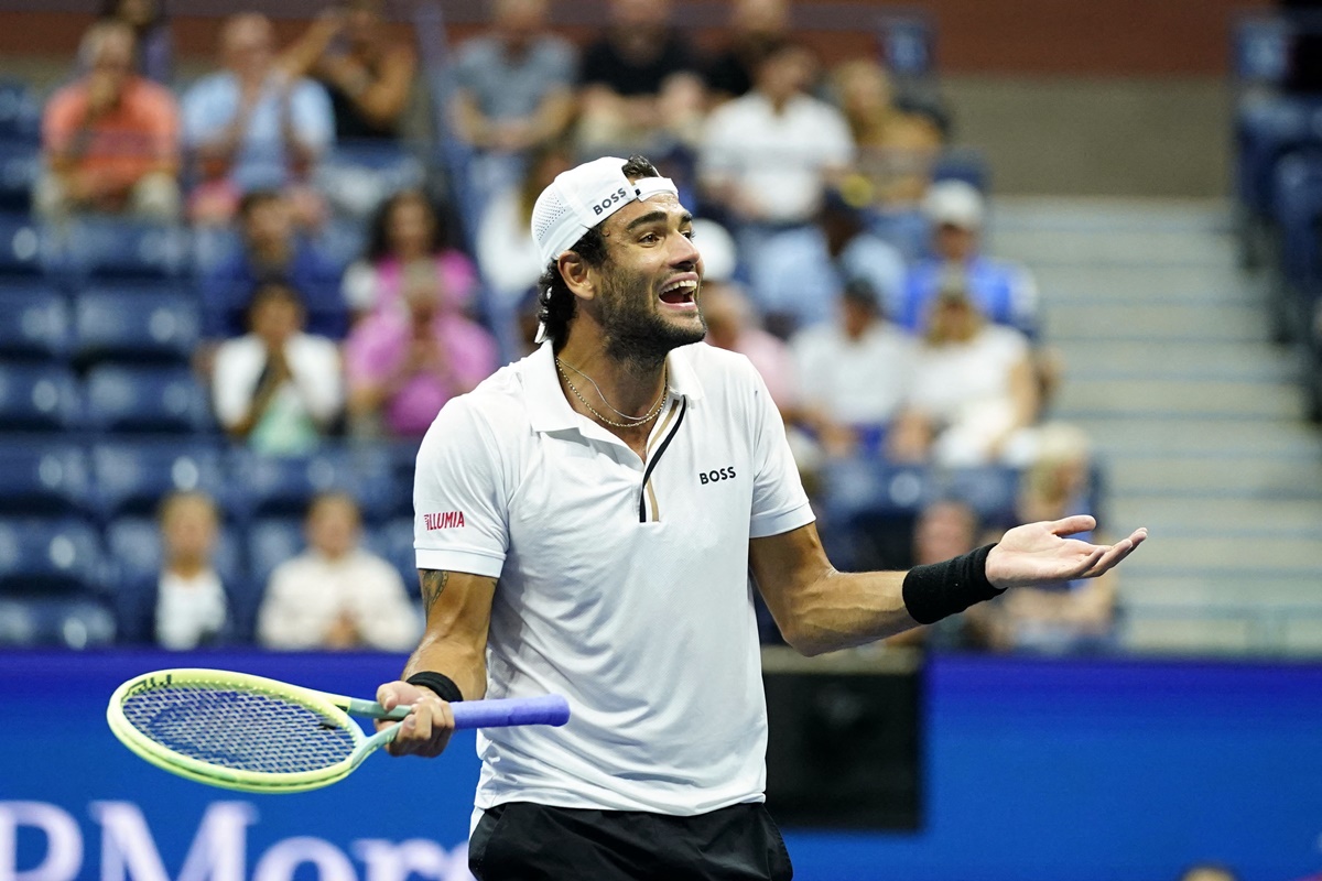 Matteo Berrettini looks to his player's box after making an unforced error during the match against Casper Ruud.