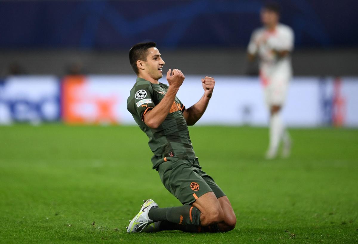 Marian Shved scores Shakhtar Donetsk's first goal in the Group F match against RB Leipzig, at Red Bull Arena, Leipzig, Germany.