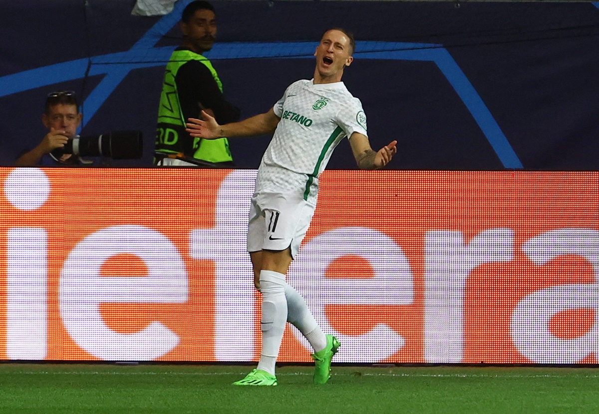 Nuno Santos celebrates scoring Sporting CP's third goal in the  Group D match against Eintracht Frankfurt, at Deutsche Bank Park, Frankfurt.