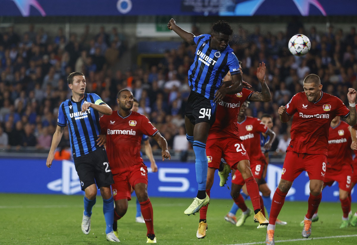 Abakar Sylla scores Club Brugge's only goal during the Group B match against Bayer Leverkusen, at  Jan Breydel Stadium, Bruges, Belgium.