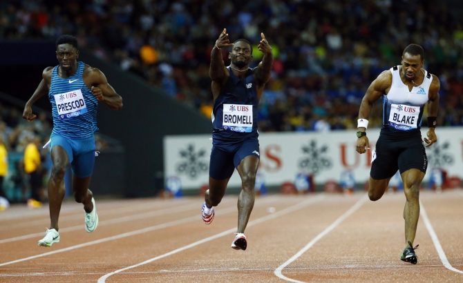 Trayvon Bromell of the United States wins the men's 100 metres.