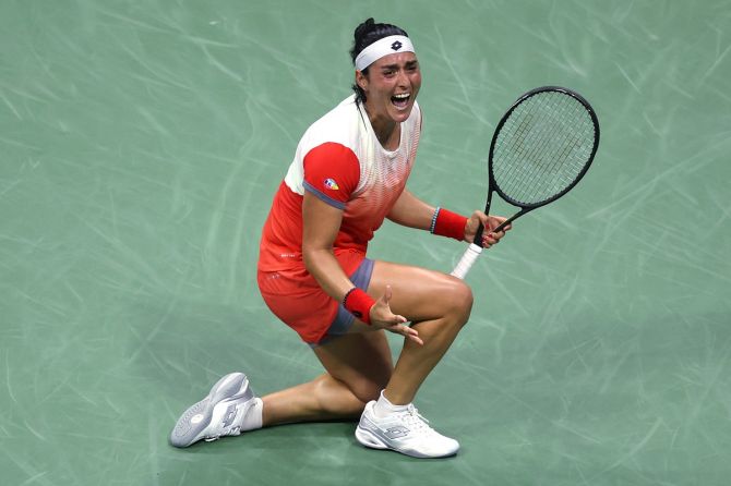 Tunisia Ons Jabeur celebrates victory over France's Caroline Garcia in the US Open women’s singles semi-final, at Billie Jean King National Tennis Center in New York City, on Thursday.