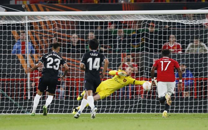 Brais Mendez scores from the penalty spot for Real Sociedad in the Europa League Group E match against Manchester United, at Old Trafford, Manchester, on Thursday.