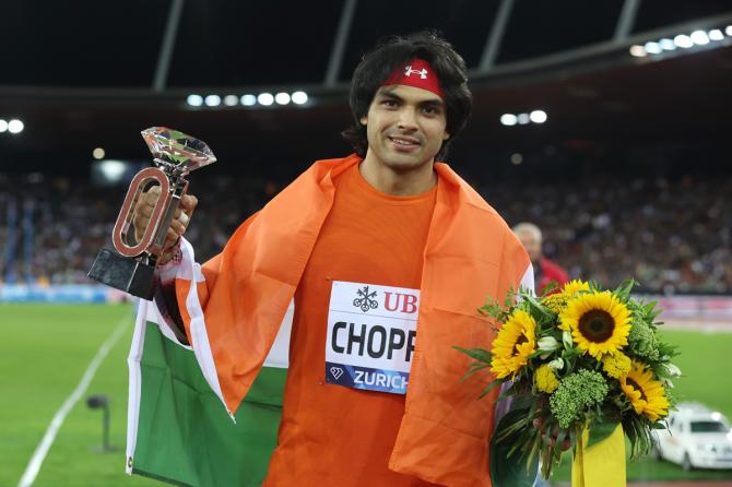 Neeraj Chopra celebrates after winning the men's Javelin Throw at the Weltklasse Zurich 2022 Diamond League series, at Stadion Letzigrund in Zurich, Switzerland, on Thursday