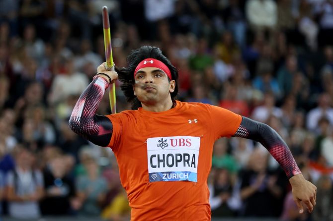 Neeraj Chopra in action during the during the Weltklasse Zurich Diamond League meet on Thursday