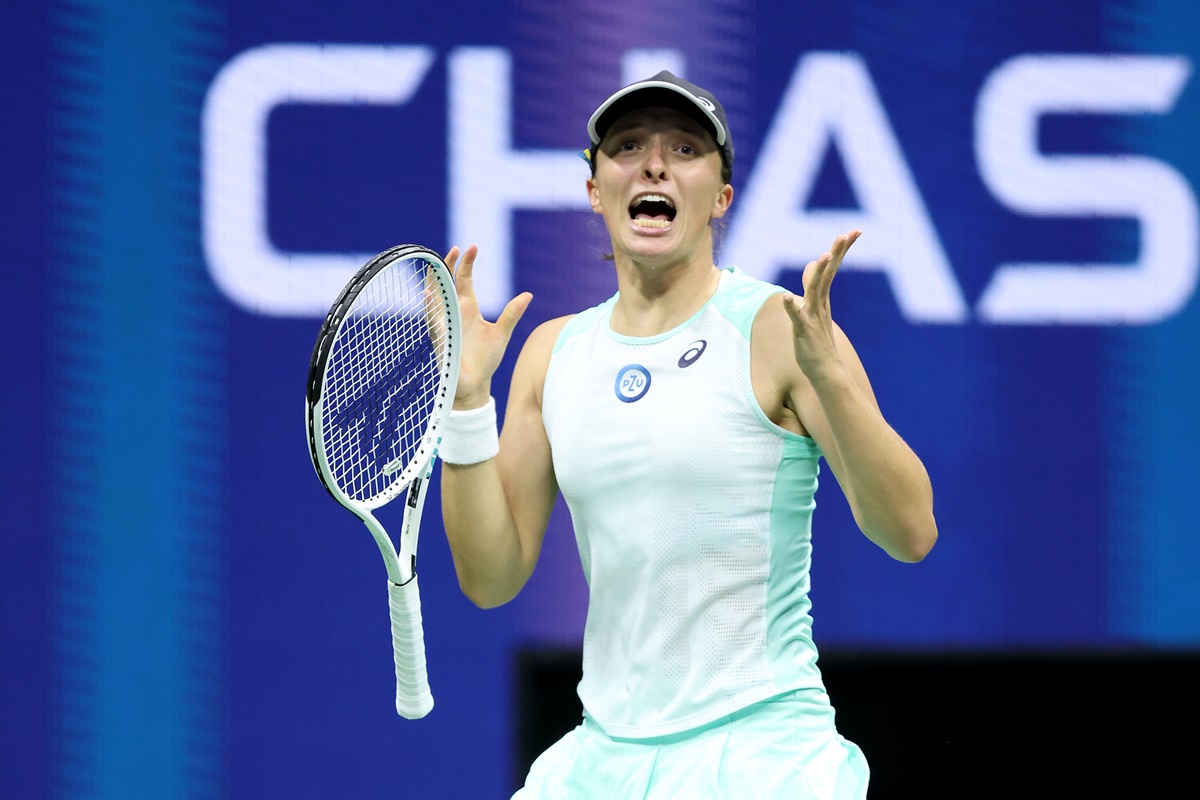 Poland's Iga Swiatek celebrates defeating Belarus's Aryna Sabalenka in the US Open women’s singles semi-final, at Billie Jean King National Tennis Center in New York City, on Thursday.