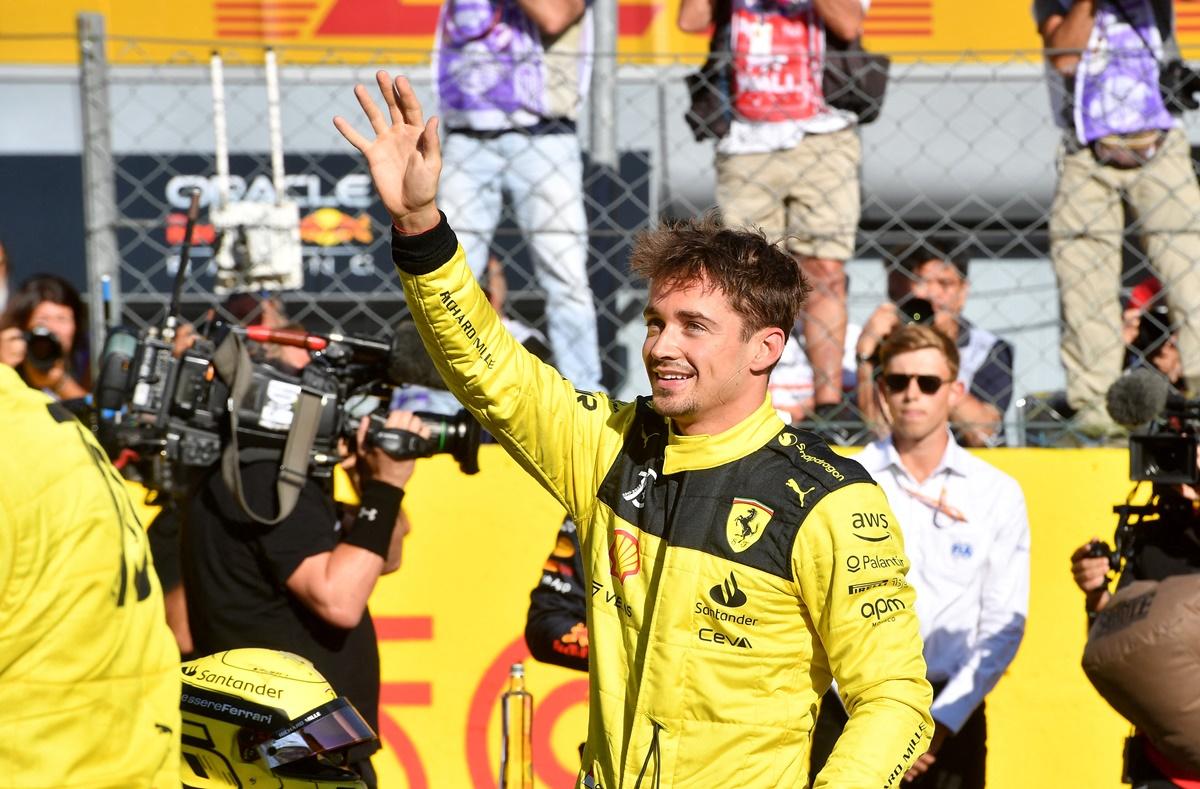 Ferrari's Charles Leclerc celebrates after qualifying in pole position for the Italian Grand Prix, at Autodromo Nazionale Monza, on Saturday.