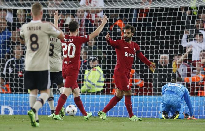 Mohamed Salah reacts after putting Liverpool ahead in the match.