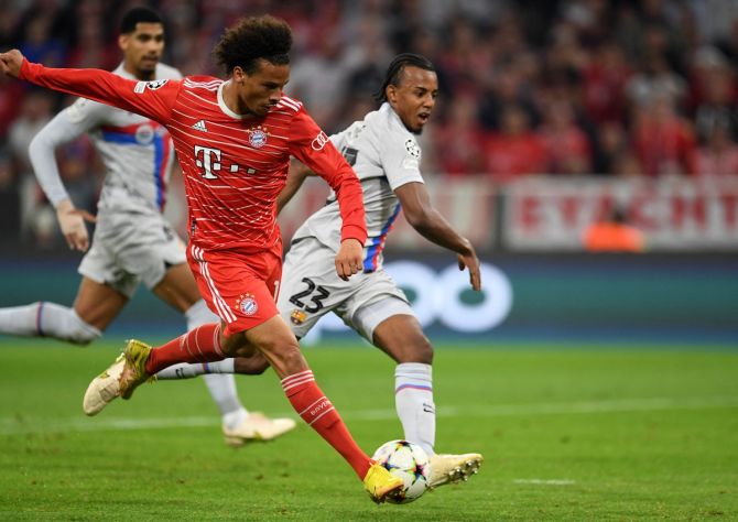 Leroy Sane scores Bayern Munich's second goal in the Group C match against FC Barcelona, at Allianz Arena, Munich, Germany.