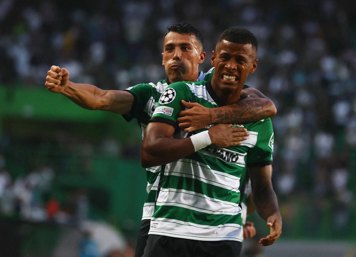 Arthur Gomes celebrates scoring Sporting CP's second goal in the Champions League Group D match against Tottenham Hotspur, at Estadio Jose Alvalade, Lisbon, Portugal.