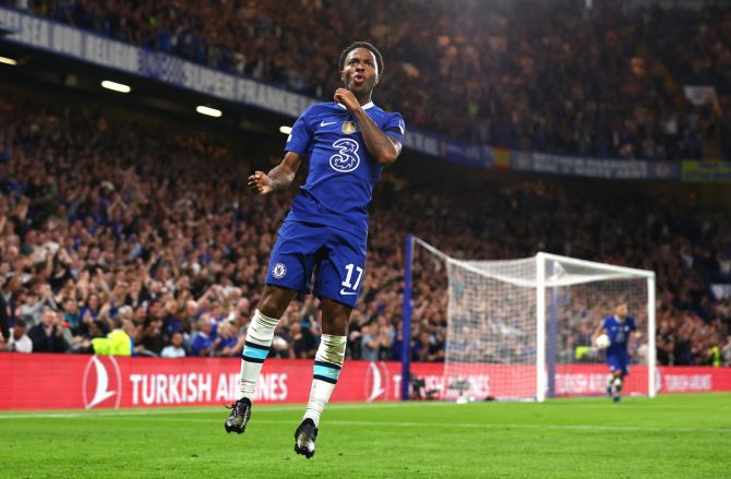 Raheem Sterling celebrates putting Chelsea ahead -- his first Champions League goal in the 2021 champions' colours -- in the Group E match against FC Salzburg, at Stamford Bridge, London.