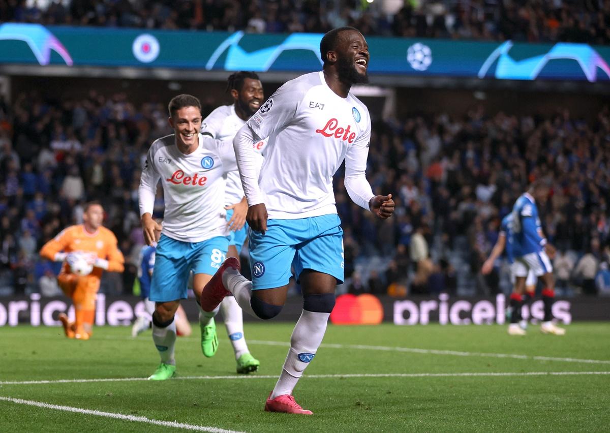 Tanguy Ndombele celebrates scoring Napoli's third goal in the Group A match against Rangers, at Ibrox, Glasgow, Scotland.