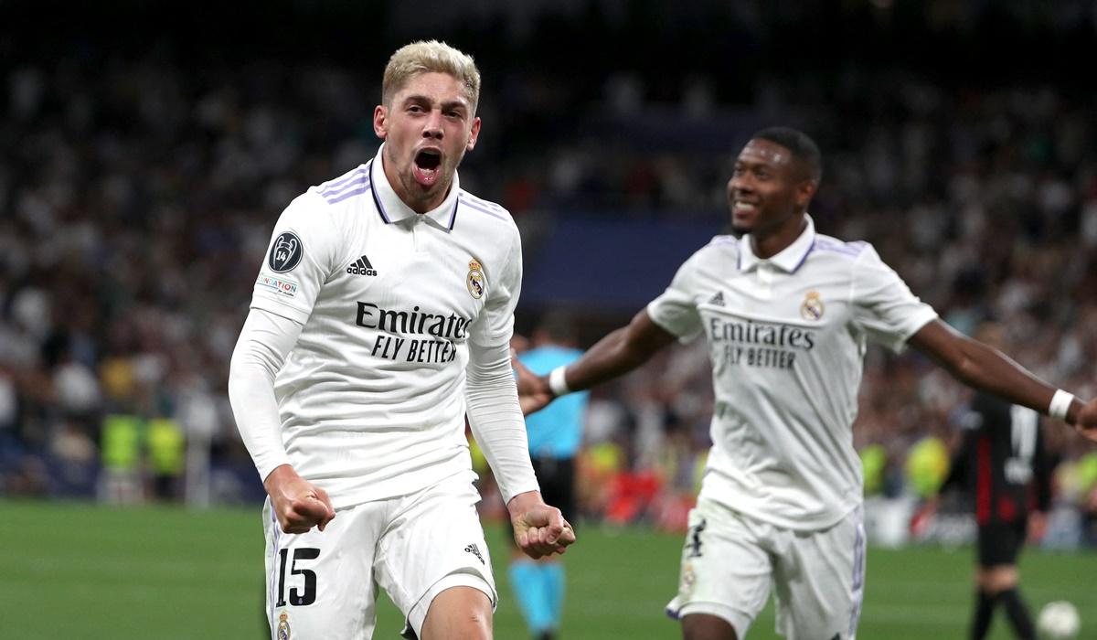 Federico Valverde celebrates scoring Real Madrid's first goal in the Group F match against RB Leipzig, at Santiago Bernabeu, Madrid, Spain.