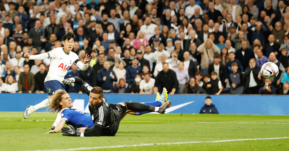 Tottenham Hotspur's Son Heung-min scores their sixth goal to complete his hat-trick against Leicester City at Tottenham Hotspur Stadium, London