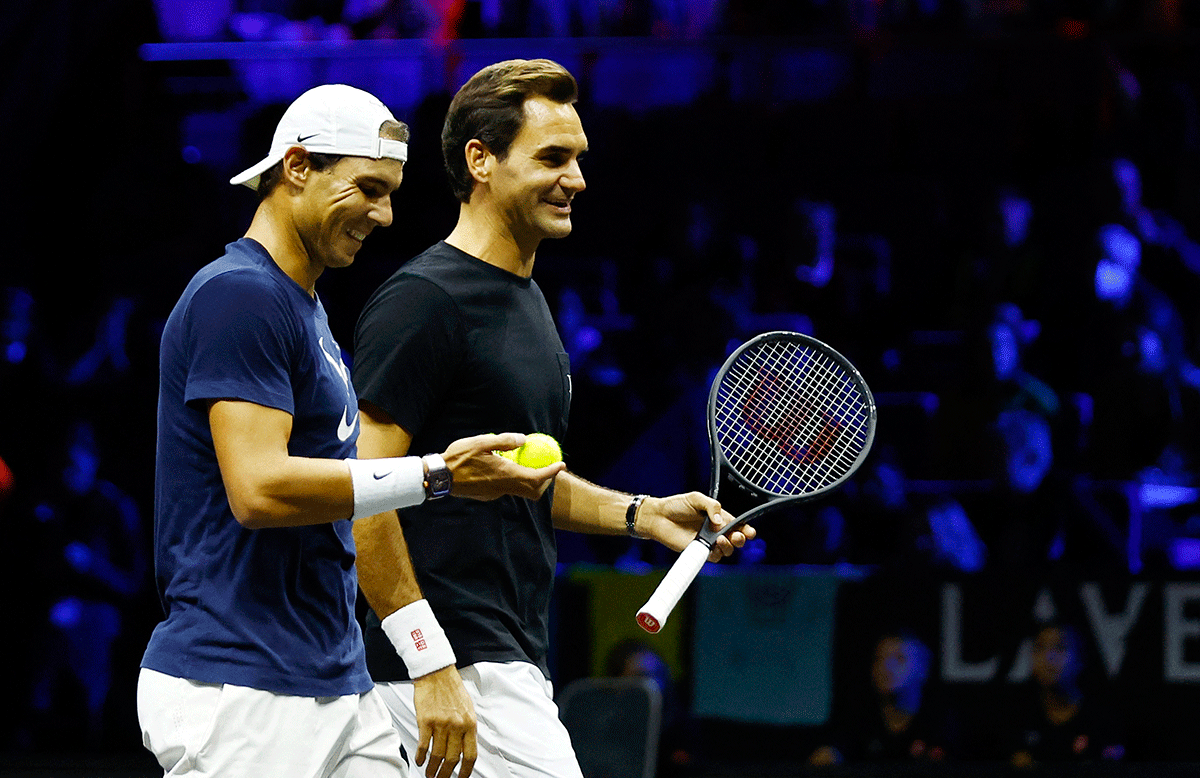 Team Europe's Roger Federer and Rafael Nadal during practice session at O2 Arena in London on Thursday