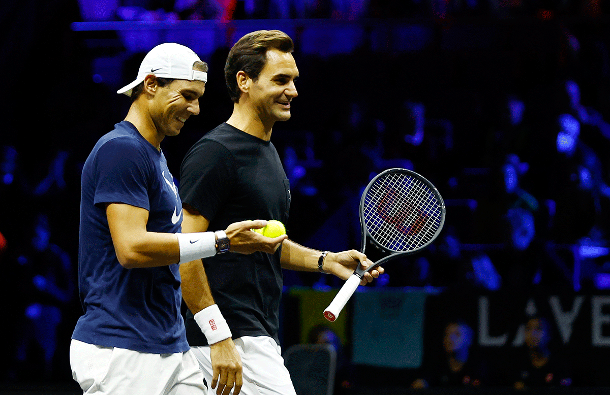 Roger Federer and Rafael Nadal during the Laver Cup practice session at O2 Arena in London