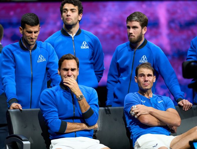 Team Europe's Roger Federer and Rafael Nadal are overcome by emotion at the end of the Laver Cup doubles match against Team World's Jack Sock and Frances Tiafoe, at 02 Arena, London, on Friday.