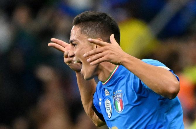 Giacomo Raspadori celebrates scoring the only goal of the match that relegated shot-shy England to the second tier League B and kept the Italians in the hunt to top Group 3, at an Siro, Milan, Italy.