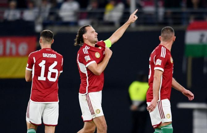 Adam Szalai celebrates scoring what turned out to be the all-important goal for Hungary.