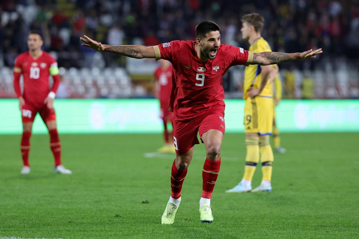 Aleksandar Mitrovic celebrates scoring Serbia's third goal and completing a hat-trick during the League B Group 4 match against Sweden, at Stadion Rajko Mitic in Belgrade, Serbia. 