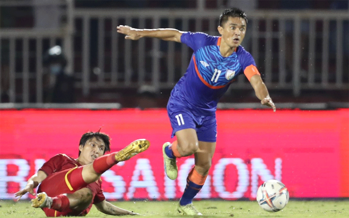 India captain Sunil Chhetri's face defines the team's fate on the day as scampers for ball possession during their 3-0 loss against Vietnam on Tuesday