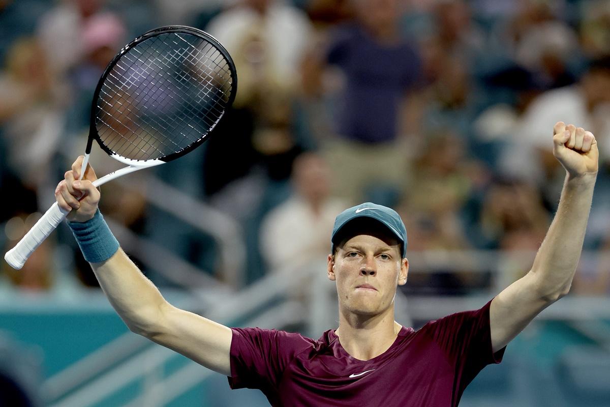 Jannik Sinner celebrates victory over Spain's Carlos Alcaraz in the semi-finals of the Miami Open, at Hard Rock Stadium in Miami Gardens, Florida, on Friday. 