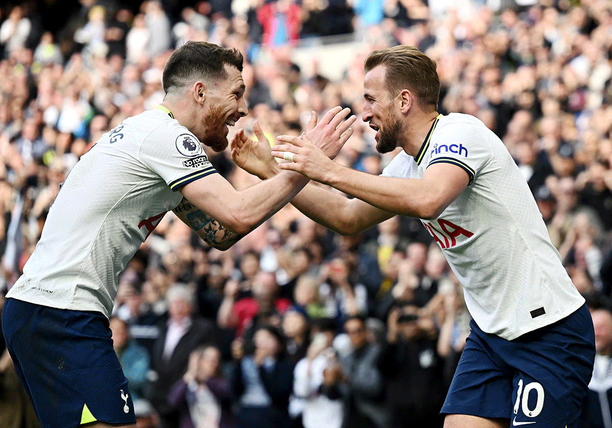 Tottenham Hotspur's Harry Kane celebrates with Pierre-Emile Hojbjerg on scoring their second goal 