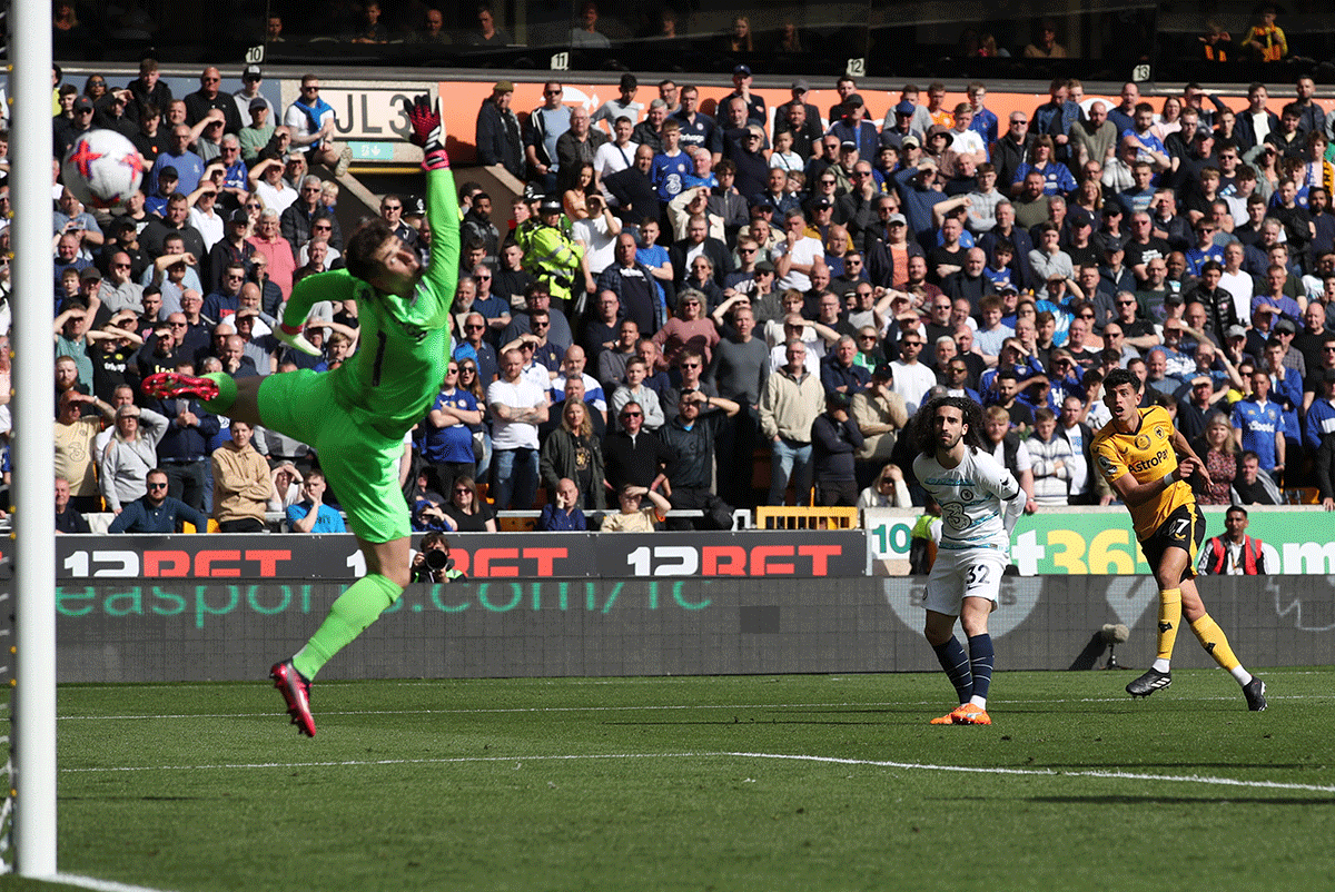 Wolverhampton Wanderers' Matheus Nunes scores their first goal against Chelsea at Molineux Stadium 