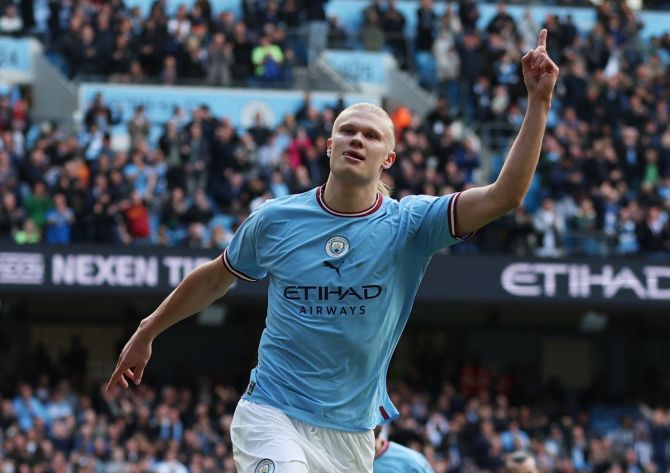Erling Braut Haaland celebrates scoring Manchester City's second goal during the Premier League match against Leicester City, at Etihad Stadium, Manchester, on Saturday.