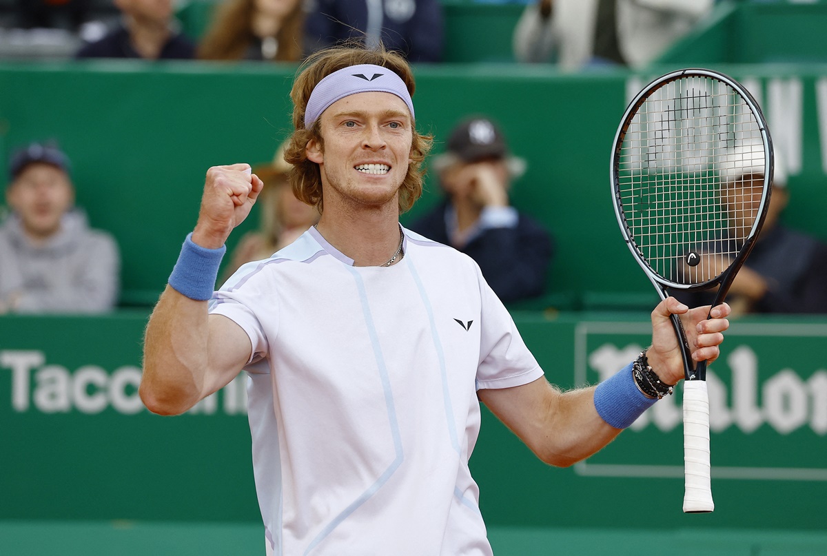 Russia's Andrey Rublev reacts after defeating Taylor Fritz of the United States in the semi-finals of the Monte Carlo Masters, at Roquebrune-Cap-Martin, France, on Saturday.