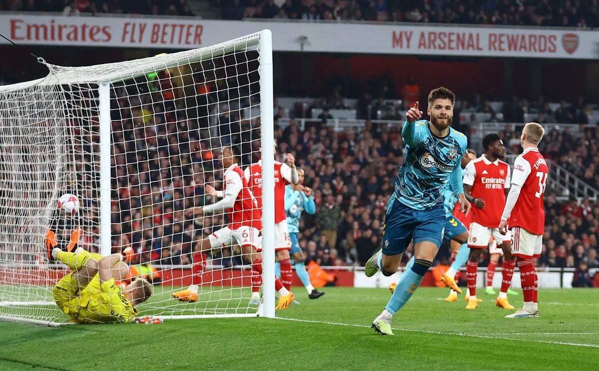 Duje Caleta-Car celebrates scoring Southampton's third goal during the Premier League match against Arsenal, at Emirates Stadium, London, on Friday.