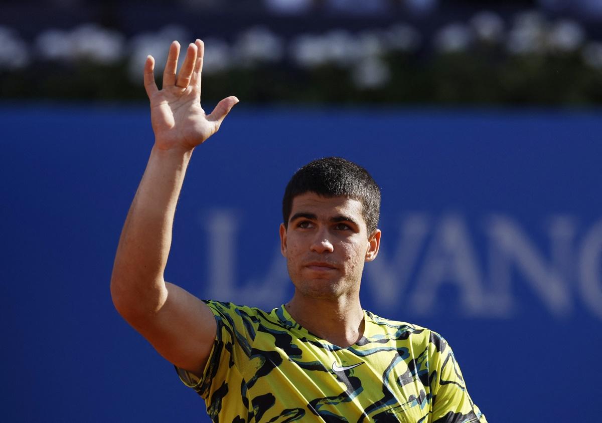 Spain's Carlos Alcaraz celebrates victory over Britain's Dan Evans in the semi-finals of the ATP 500 Barcelona Open, at Real Club de Tenis, Barcelona, on Saturday.