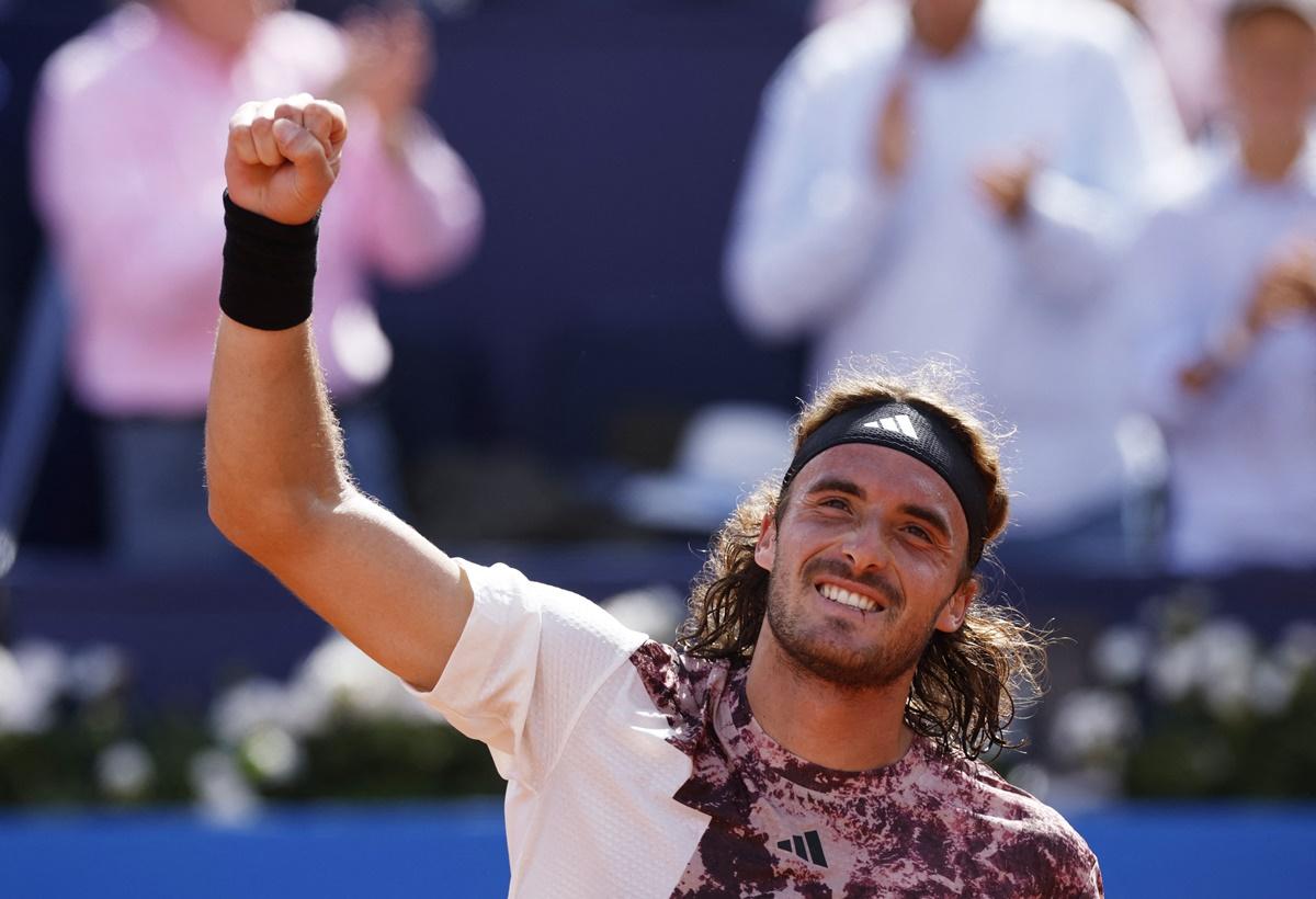 Greece's Stefanos Tsitsipas celebrates winning his semi-final against Italy's Lorenzo Musetti.