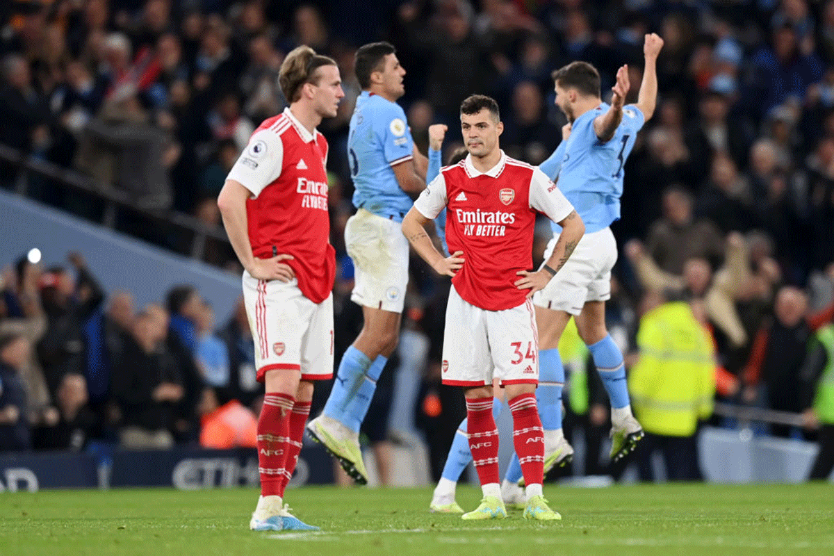 Arsenal's Granit Xhaka reacts after Manchester City scored their second goal