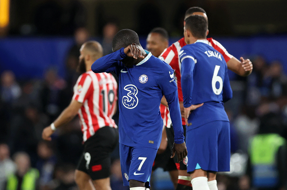 Chelsea's N'Golo Kante looks dejected after the match against Brentford at Stamford Bridge in London