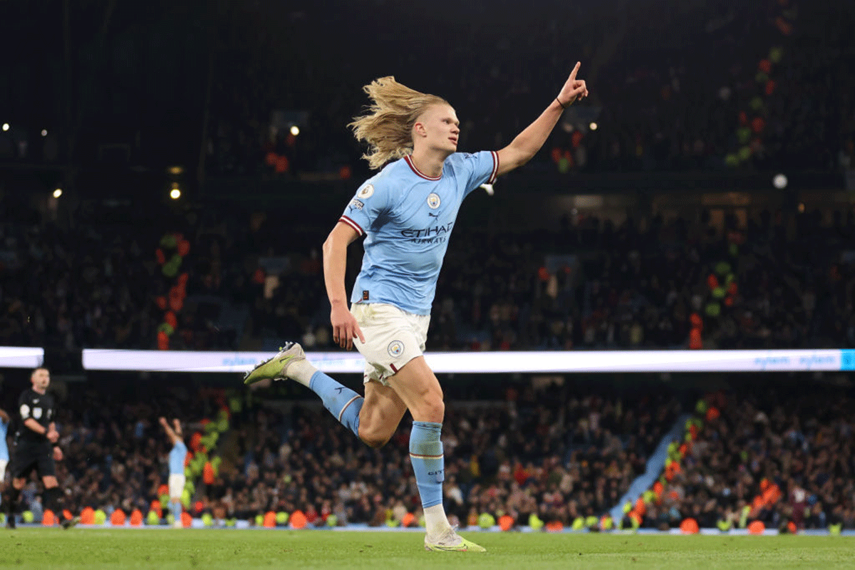 Machester City's Erling Haalaand celebrates on scoring against Arsenal at Etihad Stadium