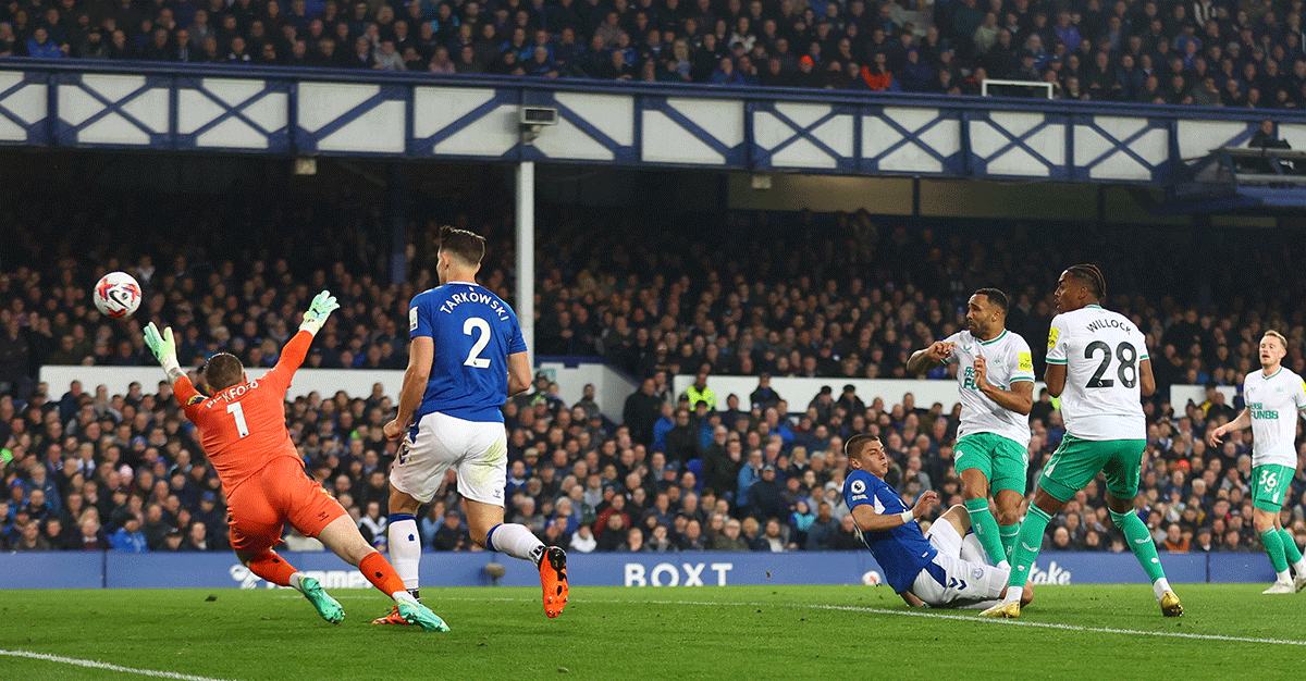 Newcastle United's Callum Wilson scores their first goal against Everton at Goodison Park in Liverpool 