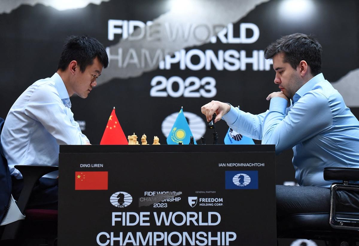 China's Ding Liren plays against Russia's Ian Nepomniachtchi