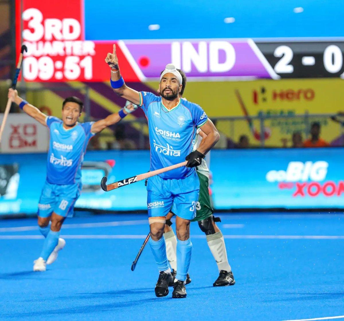 India's Jugraj Singh celebrates on scoring the 3rd goal against Pakistan on Thursday