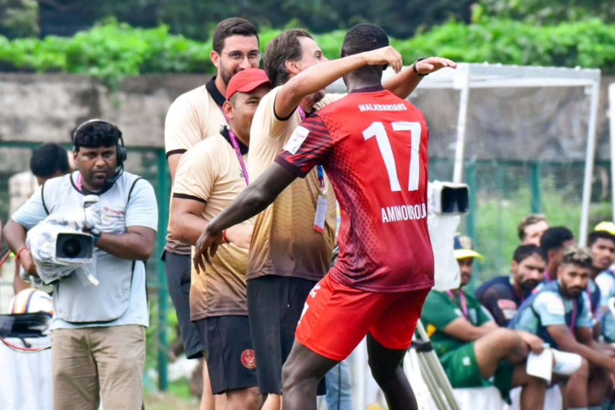 Gokulam Kerala's Bouba Aminou celebrates on scoring the opener against Kerala Blasters in their Durand Cup match on Sunday