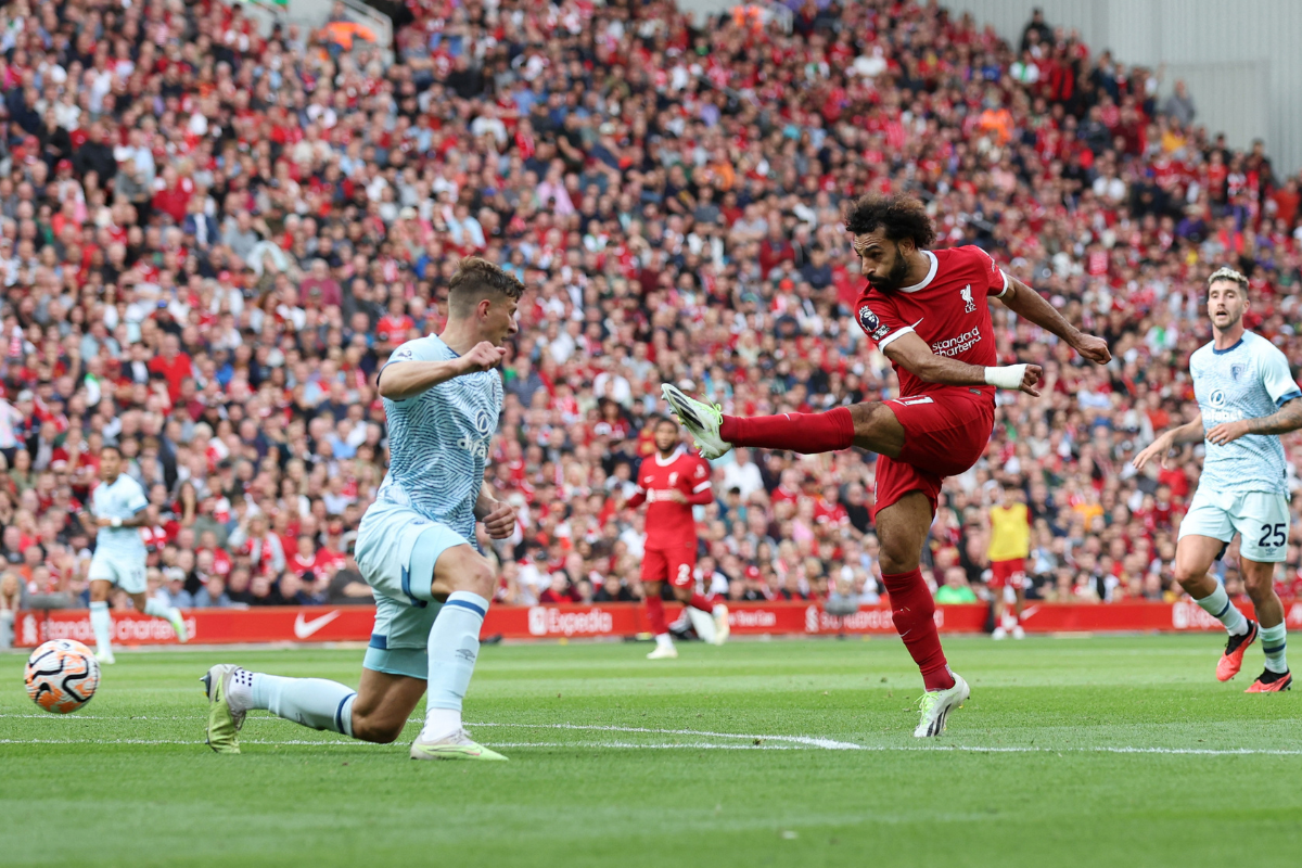 Liverpool's Mohamed Salah shoots at goal during their match against AFC Bournemouth at Anfield on Saturday 