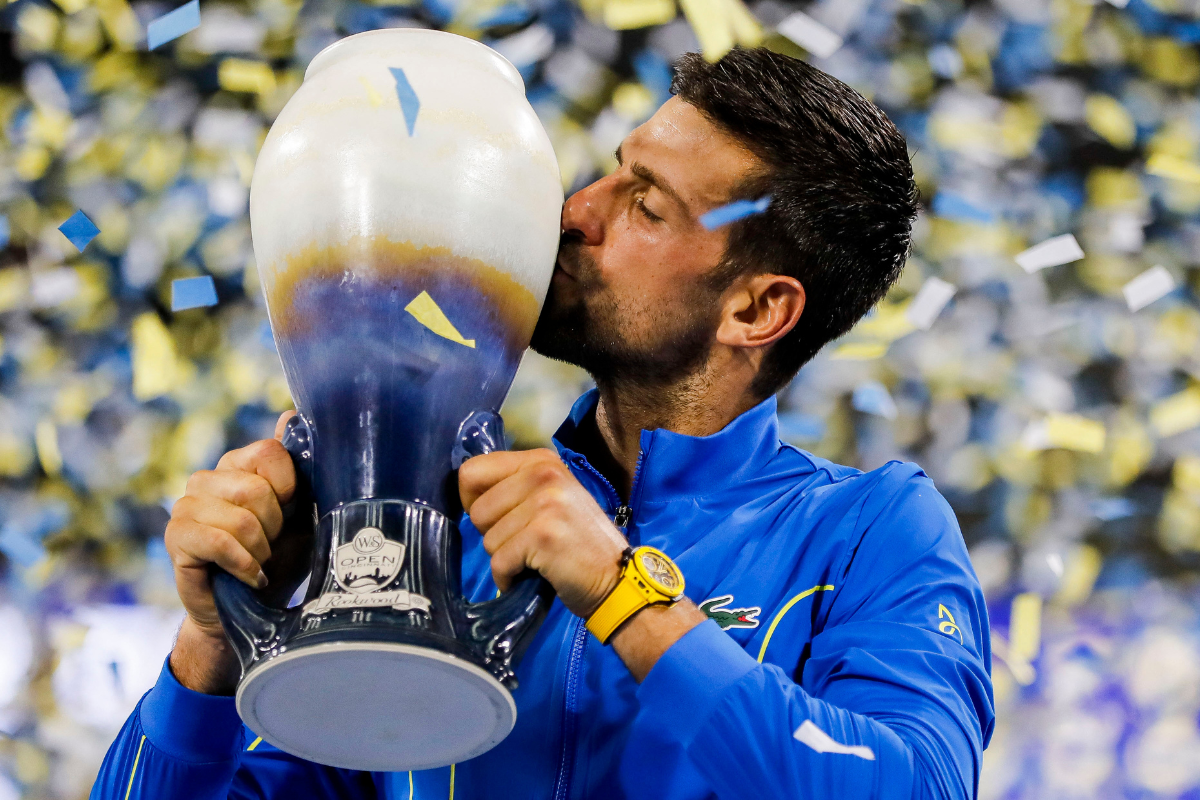 Novak Djokovic kisses the Rookwood Cup. The win delivered Djokovic his 95th career title and 39th Masters 1000 crown. 