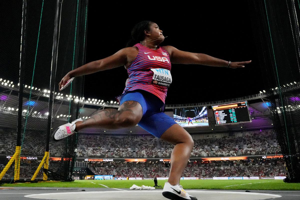 USA's Laulauga Tausaga in action during the Women's Discus Throw final