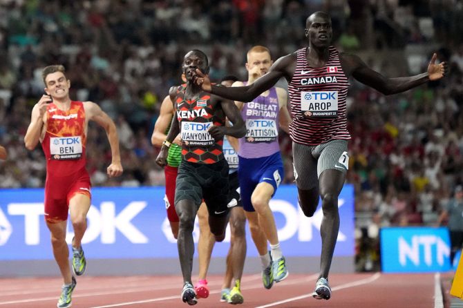 Canada's Marco Arop celebrates after winning the men's 800m final