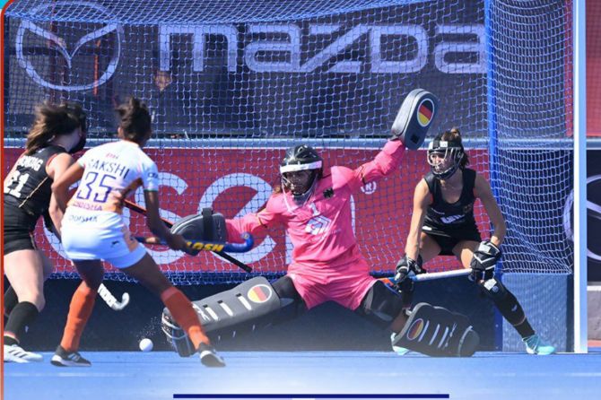 Action from the FIH Women's Junior World Cup match played between India and Gernany in Santiago, Chile on Thursday