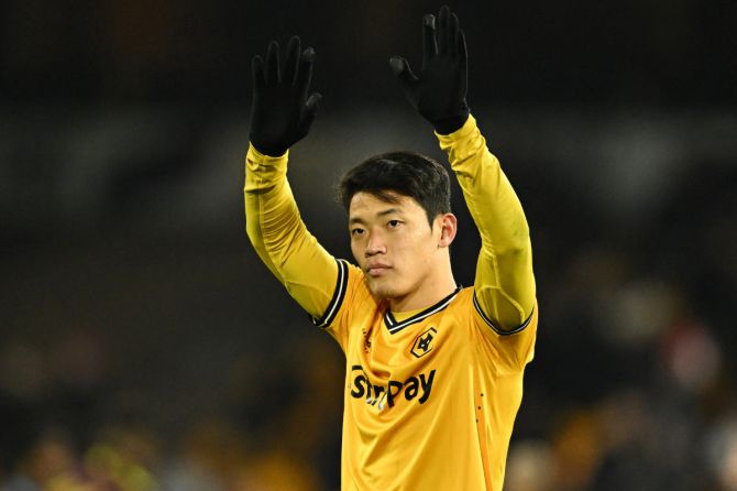 Wolverhampton Wanderers' Hwang Hee-chan applauds fans after the match against Burnley at Molineux Stadium, Wolverhampton