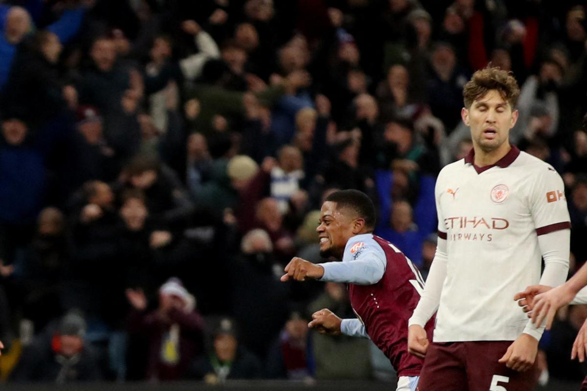 Aston Villa's Leon Bailey celebrates on scoring the74th minute winner against Manchester City as John Stones reacts at Villa Park in London